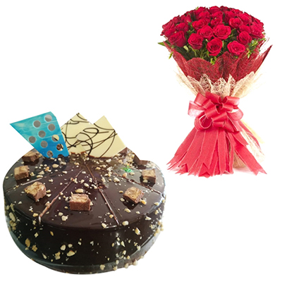 "Round shape Snickers Cake -1 Kg, Flower Bunch with 25 Red Roses - Click here to View more details about this Product
